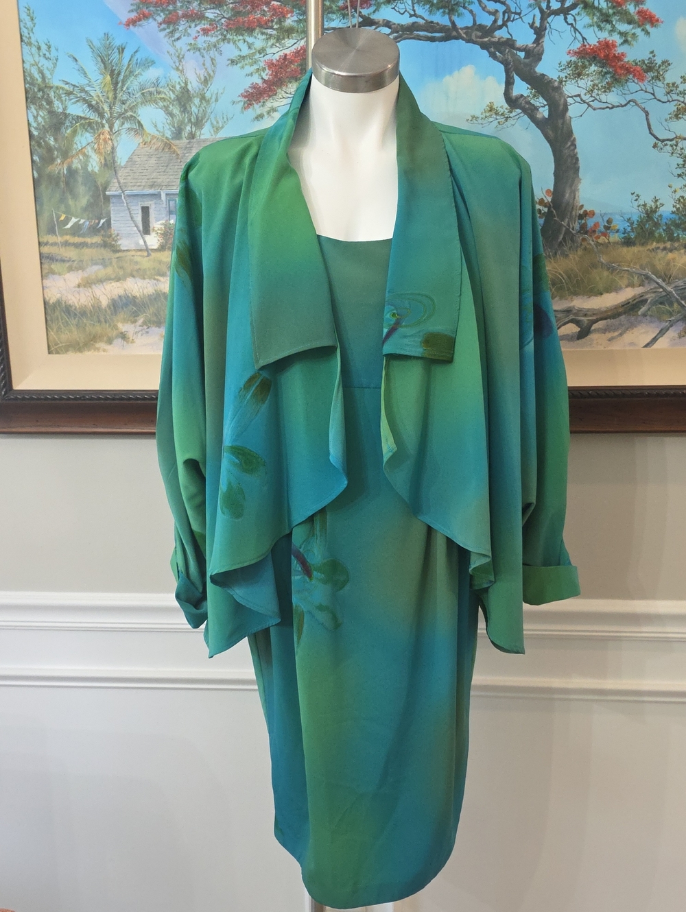 Women's Green Teal Silk Midi Dress with Draped Jacket